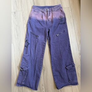 Purple Cargo Pants with Black Star Design Spider web on rear. Pickle club Y2K. M